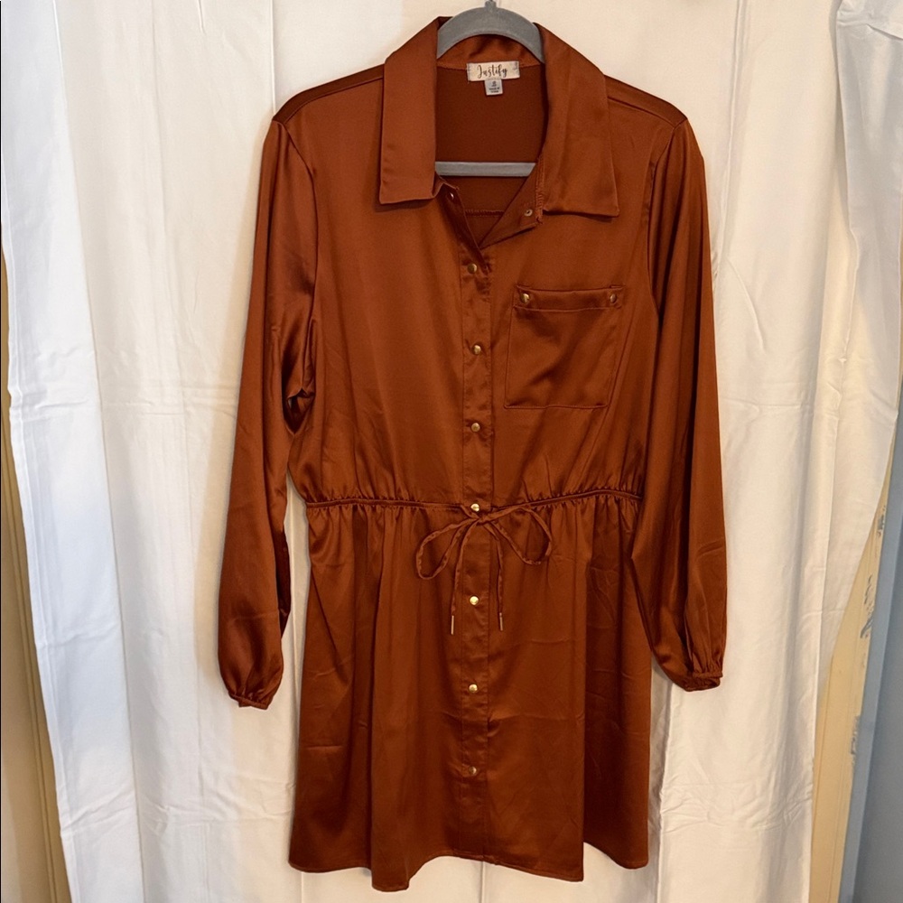 Justify Rust Button-Front Satin Shirt Dress